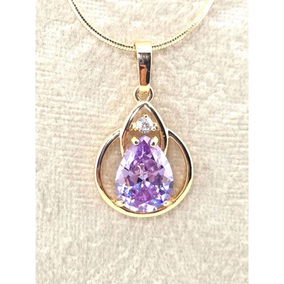 Xuping Jewelry Jewelry - XP Gold Plated Pendant Necklace Pear Cut Glass Amethyst 19” Snake Chain Elegant